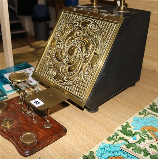 An Arts & Crafts brass purdonium and a set of brass letter scales